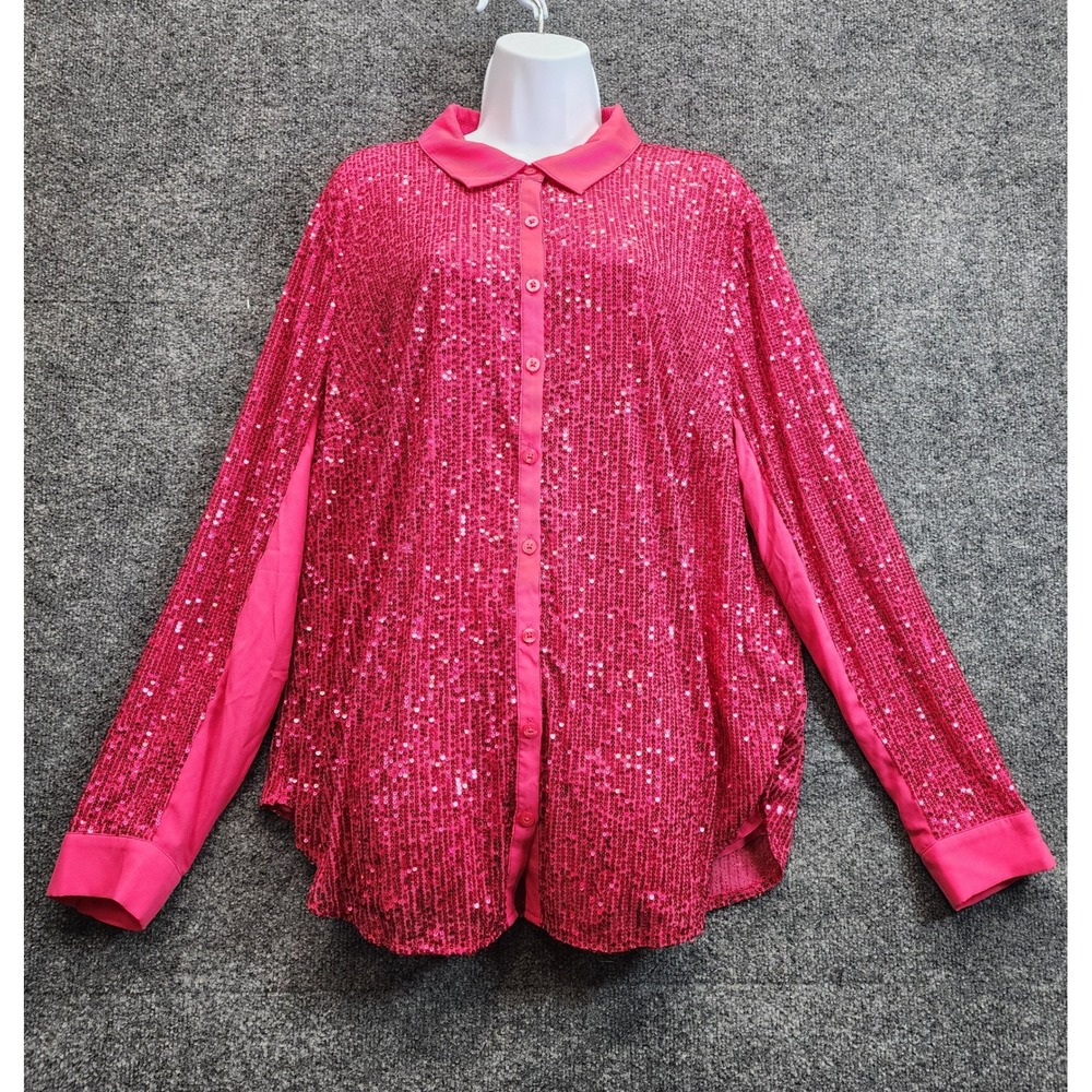 NWT Torrid Madison Pink Peacock 2X Sequin Glam Disco Party Shirt Plus Size